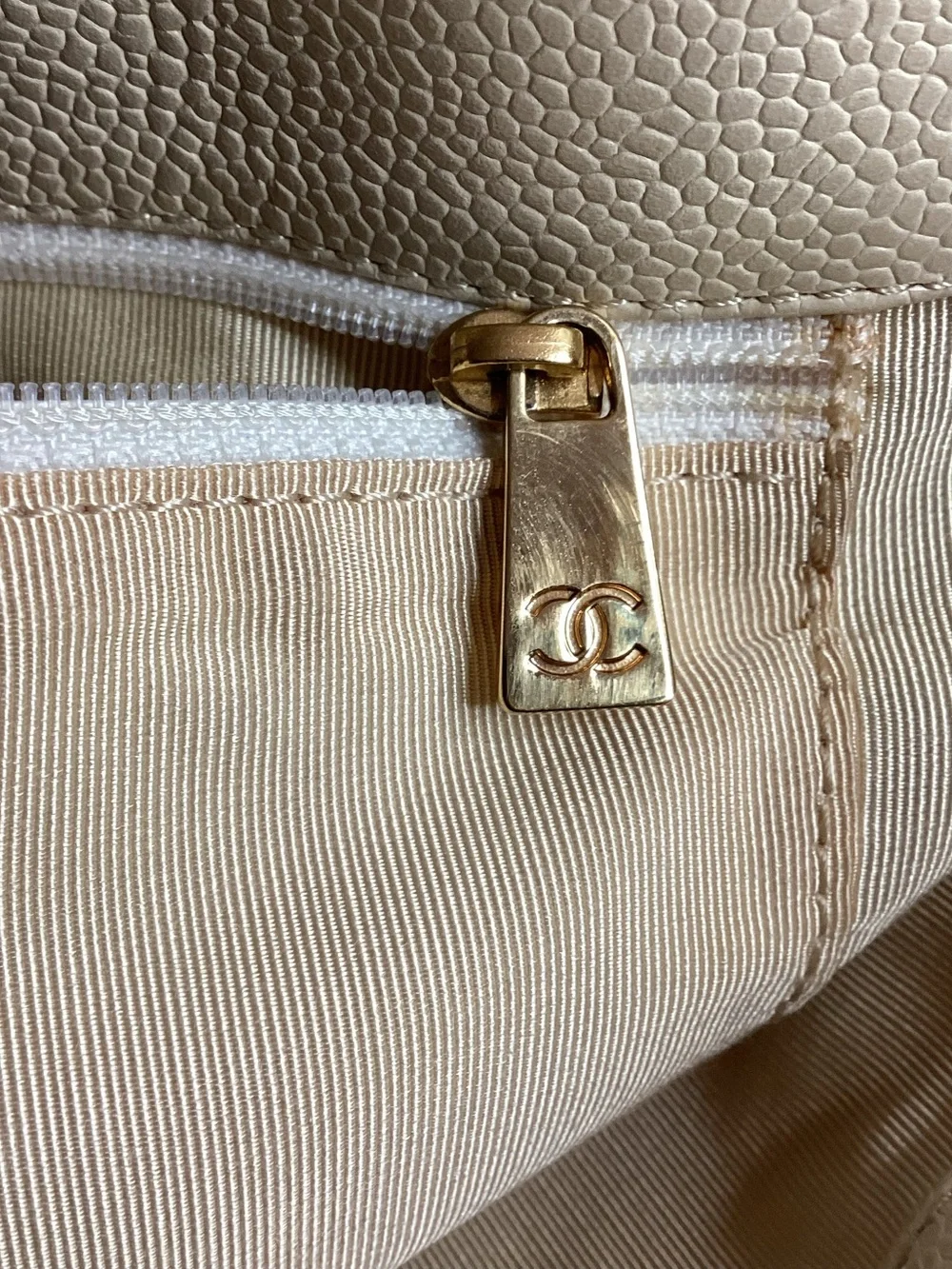 CHANEL Beige Caviar Leather CC Stitch Tote